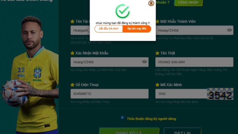 Xác nhận thông tin để hoàn tất quá trình đăng ký 32Win